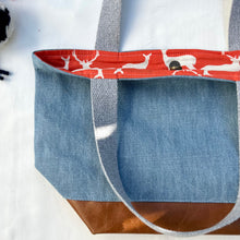 Load image into Gallery viewer, xs Handbag. Bag. Light blue cotton denim and brown leather handbag.