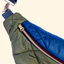 Load image into Gallery viewer, One-of-a-kind tote sling bag. Olive green and blue woven quilt fabric, lined with a gorgeous blue and brown stripe cotton poplin ex-designer fabric.