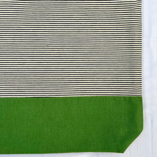 Load image into Gallery viewer, One of a kind bag. Tote Bag. Organic black and off white stripe cotton denim with a green denim bottom.