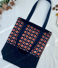 Load image into Gallery viewer, Tote bag. Vintage Japanese kimono fabric with an indigo blue denim bottom.