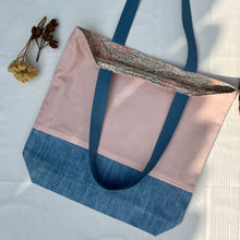 Load image into Gallery viewer, Tote bag. Dusty pink corduroy and light blue cotton denim tote bag.