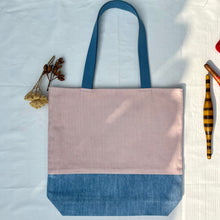Load image into Gallery viewer, Tote bag. Dusty pink corduroy and light blue cotton denim tote bag.