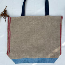 Load image into Gallery viewer, XL Tote Bag. Natural French linen fabric with raspberry red stripes and a light blue denim bottom.