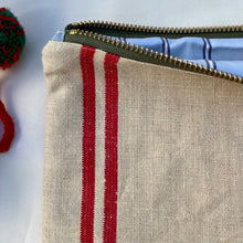 Load image into Gallery viewer, Red striped French linen and upcycled brown leather. 2-material pouch with YKK zip. Zippered purse. Zippered pouch.