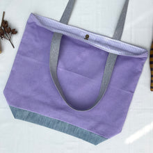 Load image into Gallery viewer, XL Tote bag. Mauve corduroy and light blue cotton denim tote bag.