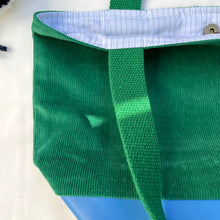 Load image into Gallery viewer, xs Handbag. Bag. Ex designer green cotton needlecord and blue leather handbag.