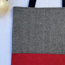 Load image into Gallery viewer, Tote bag. Navy blue and white herringbone wool fabric and blue denim tote. Ex designer fabric.