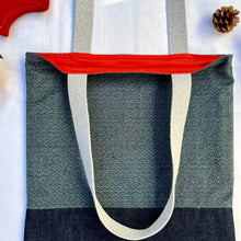Load image into Gallery viewer, Tote bag. Vintage Japanese kimono fabric. Blue grey textured seigaiha pattern. Indigo blue cotton denim bottom.