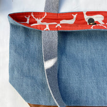 Load image into Gallery viewer, xs Handbag. Bag. Light blue cotton denim and brown leather handbag.