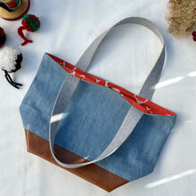 Load image into Gallery viewer, xs Handbag. Bag. Light blue cotton denim and brown leather handbag.