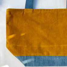 Load image into Gallery viewer, xs Handbag. Bag. Ex designer canary yellow cotton needlecord and blue denim handbag.