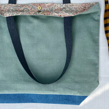 Load image into Gallery viewer, XL Tote bag. Sage green cotton corduroy and blue cotton denim tote bag.