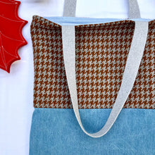 Load image into Gallery viewer, Tote bag. Luxurious grey and brown houndstooth patterned wool and blue cotton denim tote. Ex designer fabric.