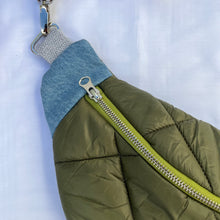 Load image into Gallery viewer, One-of-a-kind tote sling bag. Olive green woven quilt fabric, lined with a gorgeous blue and brown stripe cotton poplin ex-designer fabric.