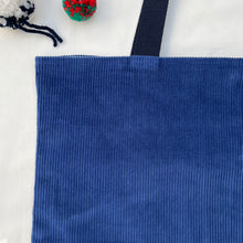 Load image into Gallery viewer, XL Tote bag. Blue cobalt corduroy and red cotton canvas tote bag.