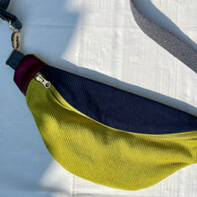 Load image into Gallery viewer, One-of-a-kind tote sling bag. Gorgeous navy blue and lime green corduroy. Lined with a navy blue and lime green striped cotton poplin fabric.