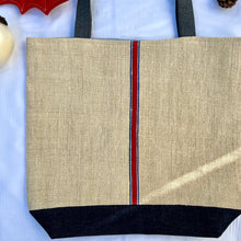 Load image into Gallery viewer, Tote bag. Vintage grain sack tote bag. Handwoven. Vertical blue and red stripes. Indigo blue denim.