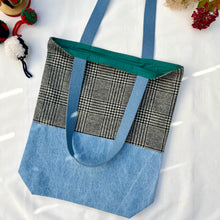 Load image into Gallery viewer, Tote bag. Black and white « Prince of Wales » patterned wool and light blue denim tote. Ex designer fabric.