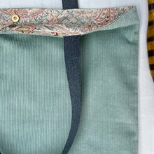 Load image into Gallery viewer, XL Tote bag. Sage green cotton corduroy and blue cotton denim tote bag.