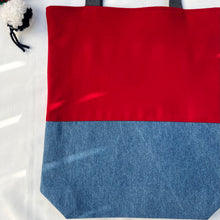 Load image into Gallery viewer, Tote bag. Ex designer red wool and blue denim tote.