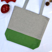 Load image into Gallery viewer, One of a kind bag. Tote Bag. Organic black and off white stripe cotton denim with a green denim bottom.