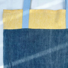 Load image into Gallery viewer, Tote bag. 100% linen tote bag. Stonewashed yellow and blue grey linen. Lined with an ex designer linen fabric.