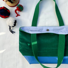 Load image into Gallery viewer, xs Handbag. Bag. Ex designer green cotton needlecord and blue leather handbag.