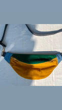 Load image into Gallery viewer, One-of-a-kind tote sling bag. Luxurious green and canary yellow cotton needlecord. Lined with a gorgeous red paisley cotton poplin fabric.