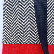 Load image into Gallery viewer, Tote bag. Navy blue and white herringbone wool fabric and blue denim tote. Ex designer fabric.