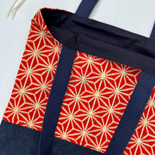 Load image into Gallery viewer, Tote bag. Vintage Japanese kimono fabric with a blue indigo denim bottom.