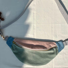 Load image into Gallery viewer, One-of-a-kind tote sling bag. Gorgeous sage green and dusty pink corduroy. Lined with a pink paisley cotton poplin fabric.