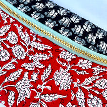 Load image into Gallery viewer, One-of-a-kind tote sling bag. Red and black Indian block print fabric.