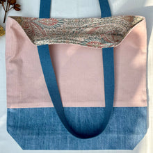 Load image into Gallery viewer, Tote bag. Dusty pink corduroy and light blue cotton denim tote bag.