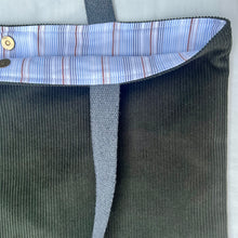 Load image into Gallery viewer, XL Tote bag. Army green cotton corduroy and light blue cotton denim tote bag.