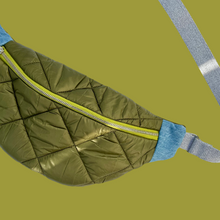 Load image into Gallery viewer, One-of-a-kind tote sling bag. Olive green woven quilt fabric, lined with a gorgeous blue and brown stripe cotton poplin ex-designer fabric.