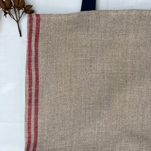 Load image into Gallery viewer, XL Tote Bag. Natural French linen fabric with raspberry red stripes and a light blue denim bottom.