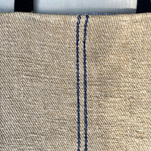 Load image into Gallery viewer, Tote bag. Vintage grain sack tote bag. Handwoven. Vertical blue stripes. Indigo blue denim.