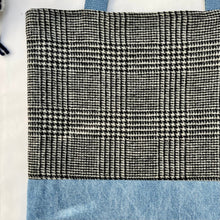 Load image into Gallery viewer, Tote bag. Black and white « Prince of Wales » patterned wool and light blue denim tote. Ex designer fabric.