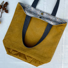 Load image into Gallery viewer, Tote bag. Hand bag. Shopper bag. Golden mustard corduroy and golden brown woven quilt shopper bag.
