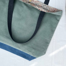 Load image into Gallery viewer, XL Tote bag. Sage green cotton corduroy and blue cotton denim tote bag.