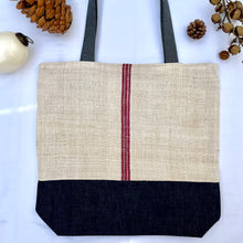 Load image into Gallery viewer, Tote bag. Vintage grain sack tote bag. Vertical burgundy stripe and indigo blue denim bottom.
