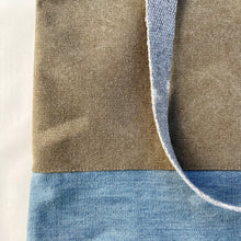 Load image into Gallery viewer, Tote bag. Light camel brown cotton canvas and stonewashed light blue denim tote.