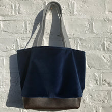 Load image into Gallery viewer, xs Handbag. Bag. Designers Guild deep blue velvet and upcycled brown leather handbag.