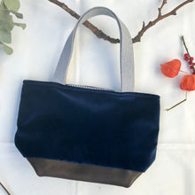 Load image into Gallery viewer, xs Handbag. Bag. Designers Guild deep blue velvet and upcycled brown leather handbag.
