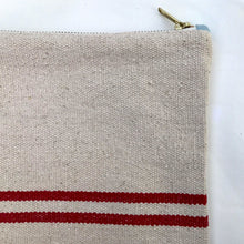 Load image into Gallery viewer, Natural woven canvas pouch with red horizontal stripes. Zippered purse. Zippered pouch. YKK metal zipper.