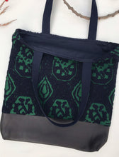 Load image into Gallery viewer, Tote bag. Unique upholstery fabric tote with a dark chocolate brown leather.