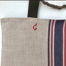 Load image into Gallery viewer, Tote bag. Vintage cotton and hemp grain sack. Blue and red stripes. Blue denim bottom.