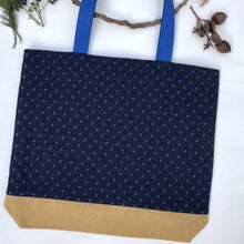 Load image into Gallery viewer, Tote bag. The top is an ex-designer jacquard fabric and the bottom is a mustard yellow denim.