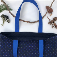 Load image into Gallery viewer, Tote bag. The top is an ex-designer jacquard fabric and the bottom is a mustard yellow denim.
