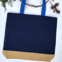 Load image into Gallery viewer, Tote bag. The top is an ex-designer jacquard fabric and the bottom is a mustard yellow denim.